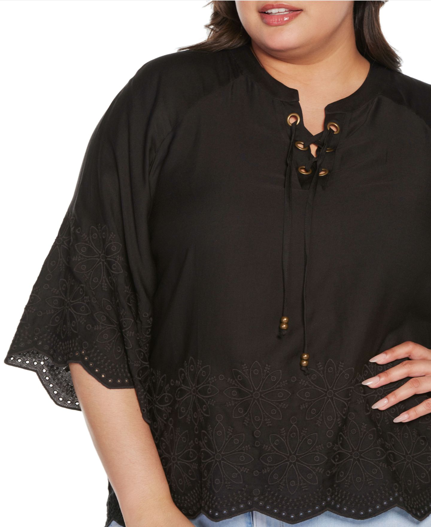 Женский топ Belldini Black Label Plus Size Raglan 3/4-Sleeve Embroidered, цвет: Чёрный — фото 4