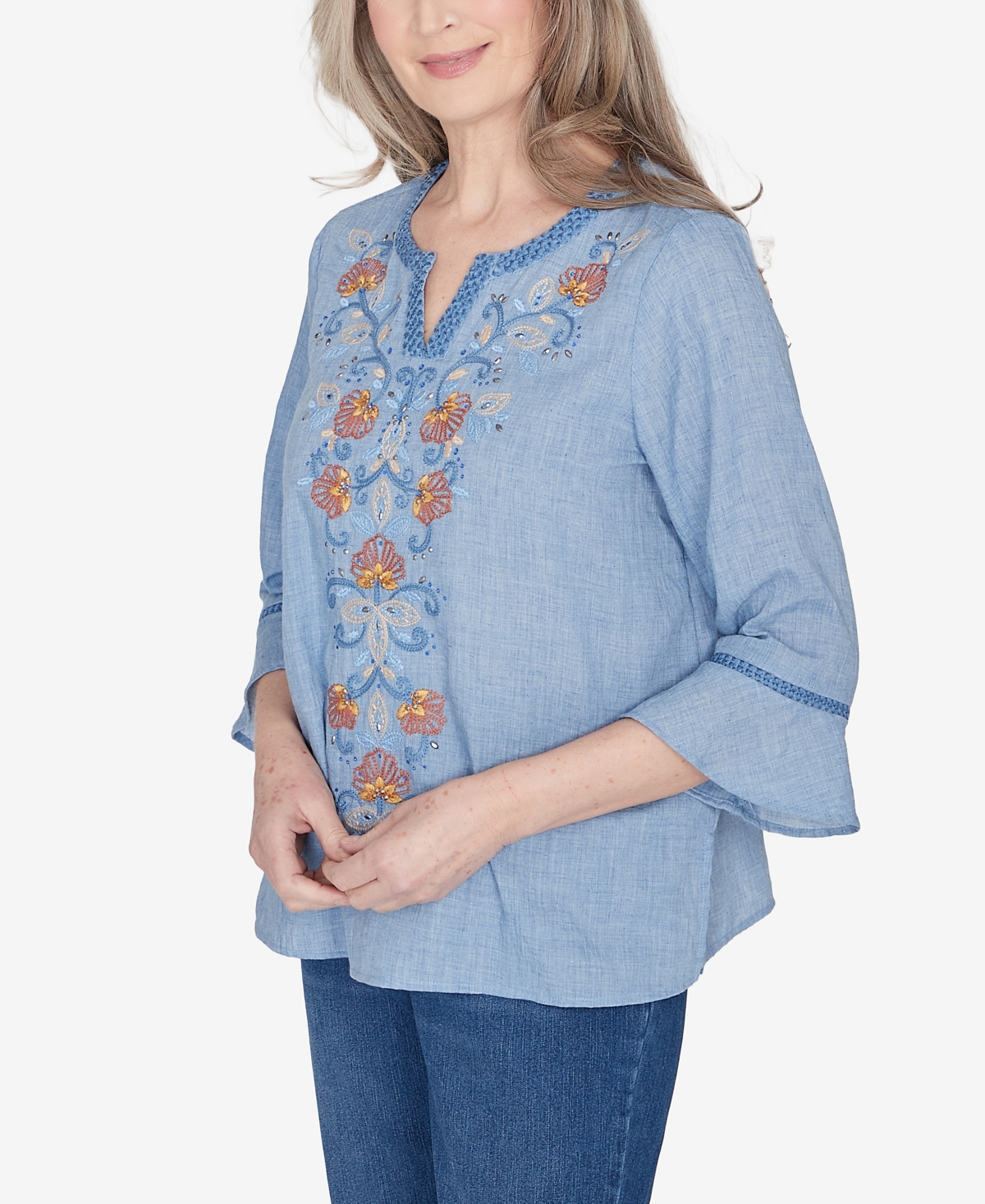 Alfred Dunner Petite Scottsdale Center Embroidered Split Neck Top