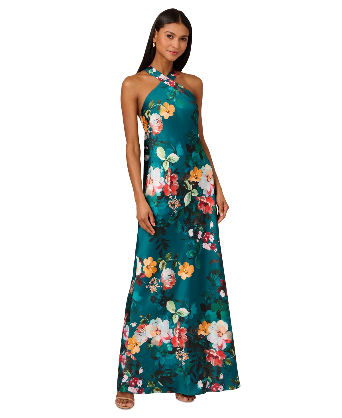 Adrianna By Adrianna Papell Women's Printed Drape-back Halter Gown In Teal Multi
