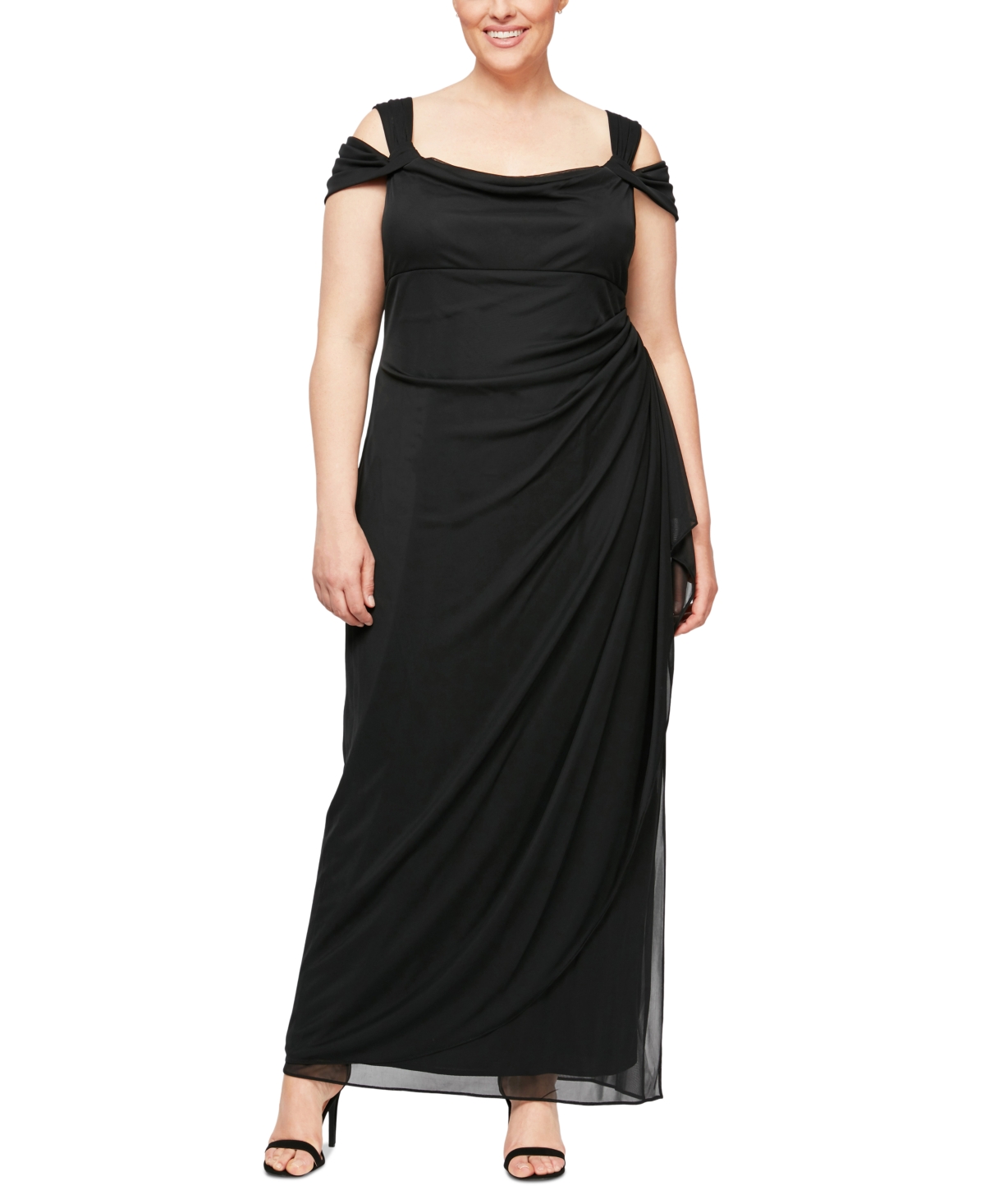 Alex Evenings Plus Size Draped Cold-shoulder Evening Dress In Black
