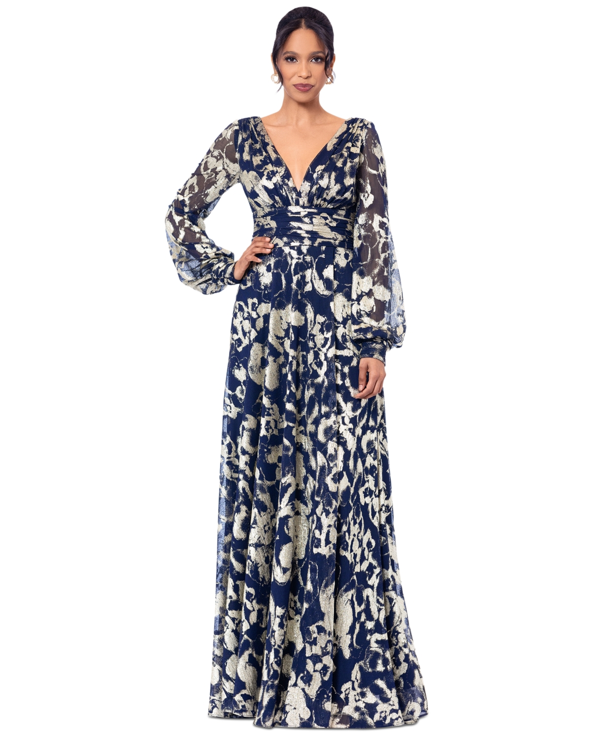 Women's Printed Blouson-Sleeve Maxi Dress - Navy/Gold