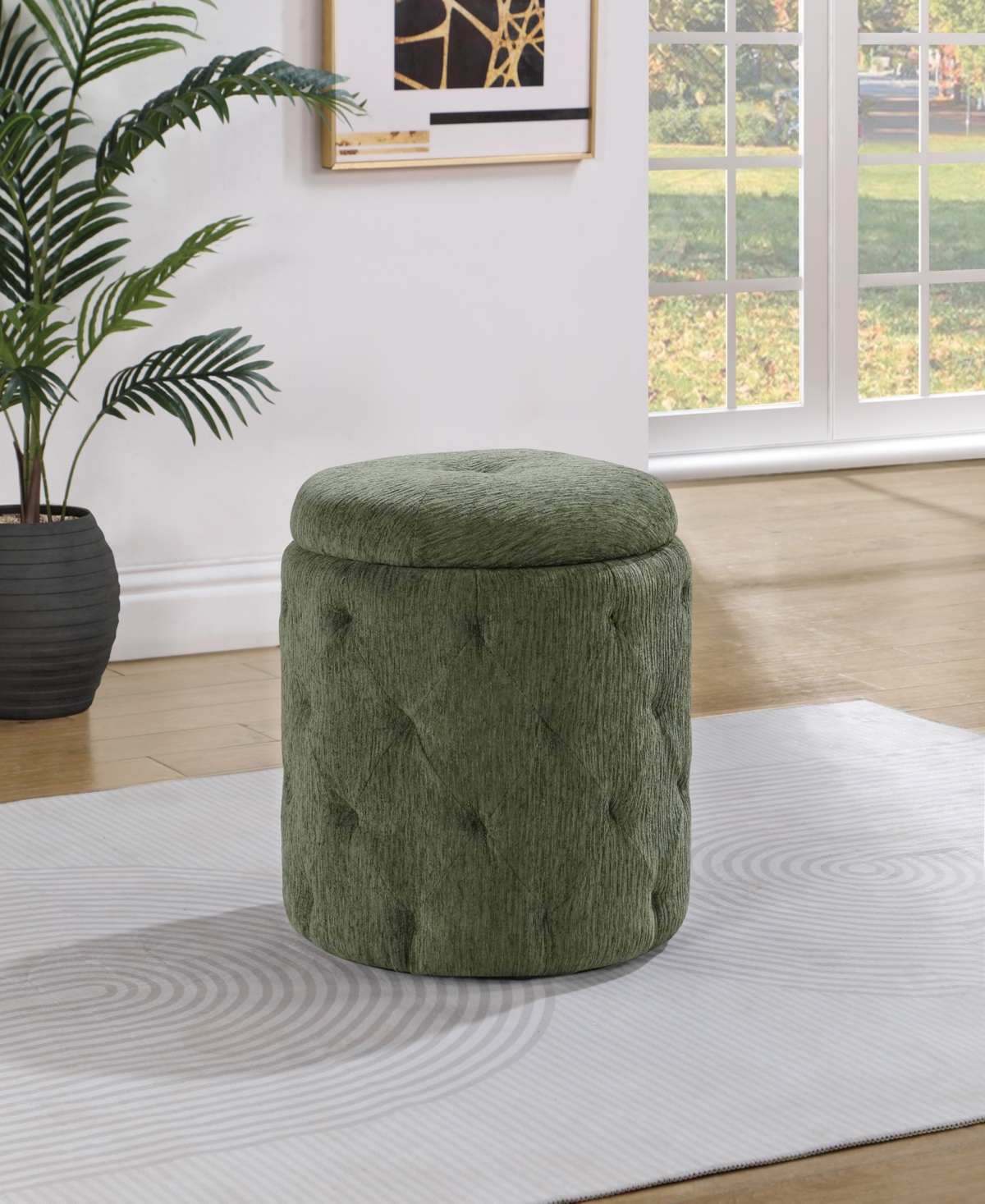 Osp Home Furnishings Office Star Erindale Round Storage Ottoman In Pine Fabric In Sage Green