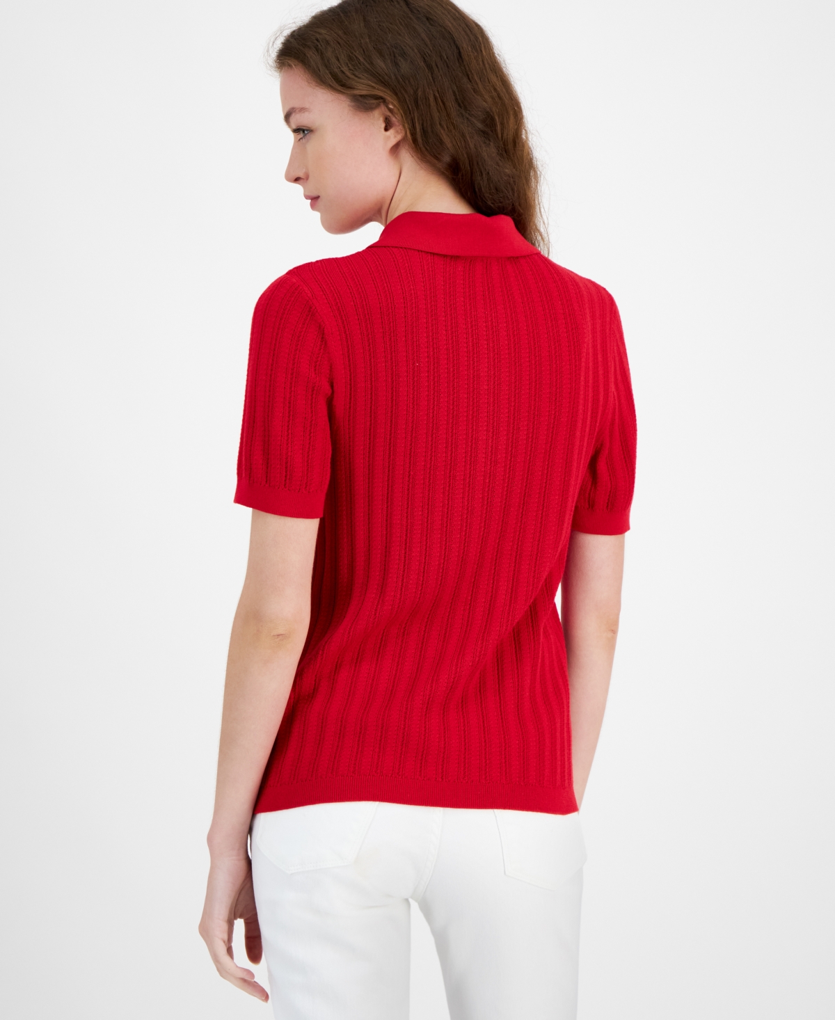 Tommy Hilfiger Women's Ribbed Short-Sleeve Polo Sweater