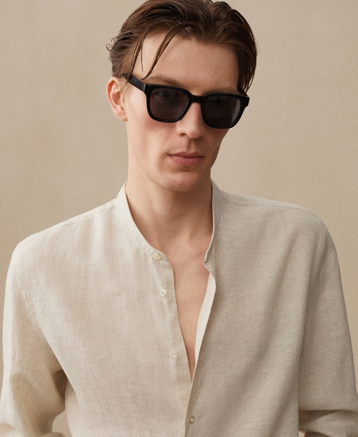 Mango Men's 100% Linen Mao Collar Shirt