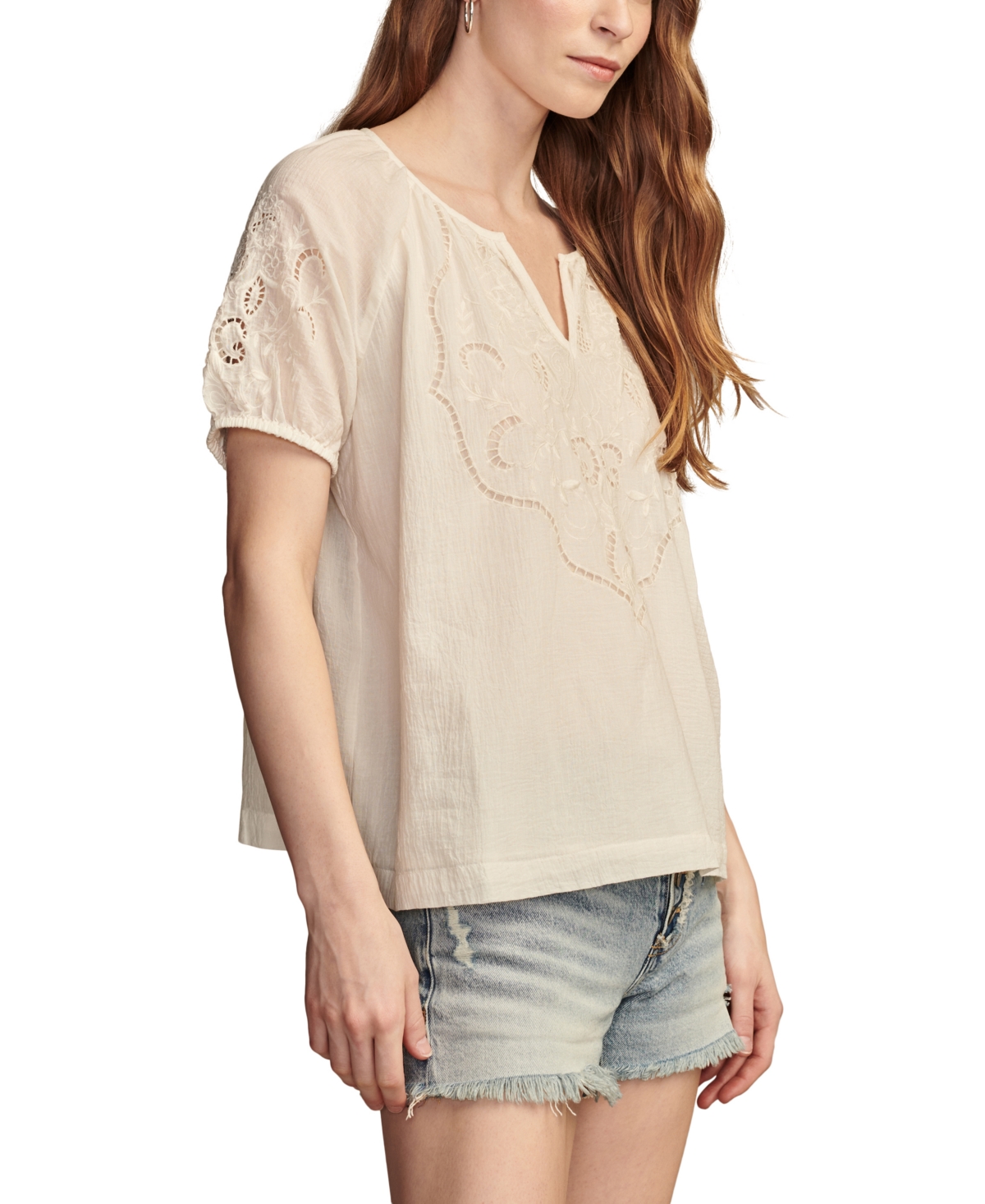 Lucky Brand Women's Short-Sleeve Cutwork Cotton Peasant Top