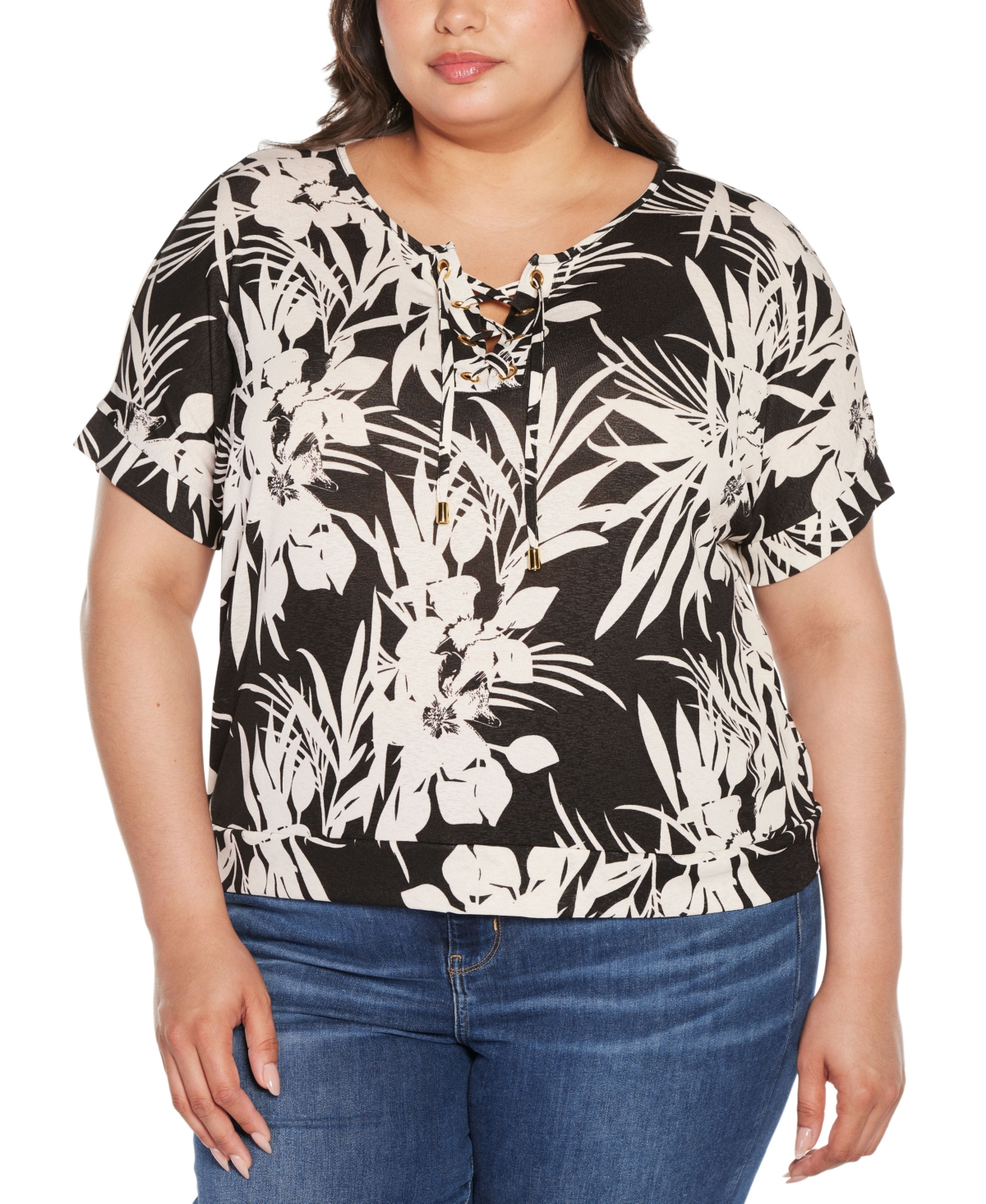 BELLDINI PLUS SIZE FLORAL PRINT LACE-UP TOP 