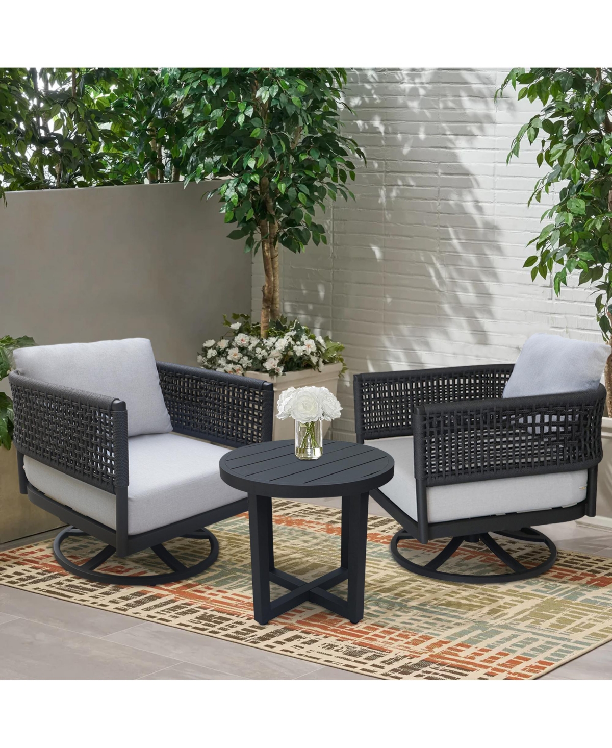 International Concepts Outdoor 3 Piece Woven Abaca Rope Patio Furniture Set with an End Table and 2 Swivel Chairs