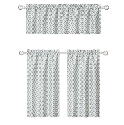 White & Gray Complete 3 Piece Moroccan Geometric Kitchen Curtain Tier & Valance Set
