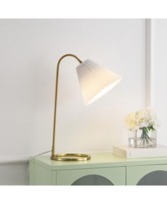 Callie 22" Modern Glam Metal Arc Adjustable Head LED Table Lamp with Pleated Shade, Brass Gold/White