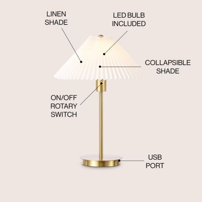 Freida 21.25" Modern Glam Metal Column LED Table Lamp with USB Charging Port and Pleated Shade, Brass Gold/White