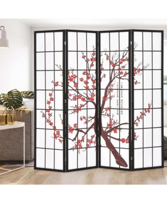 4-Panel Japanese Style Folding Room Divider with Elegant Plum Blossom Design Indoor