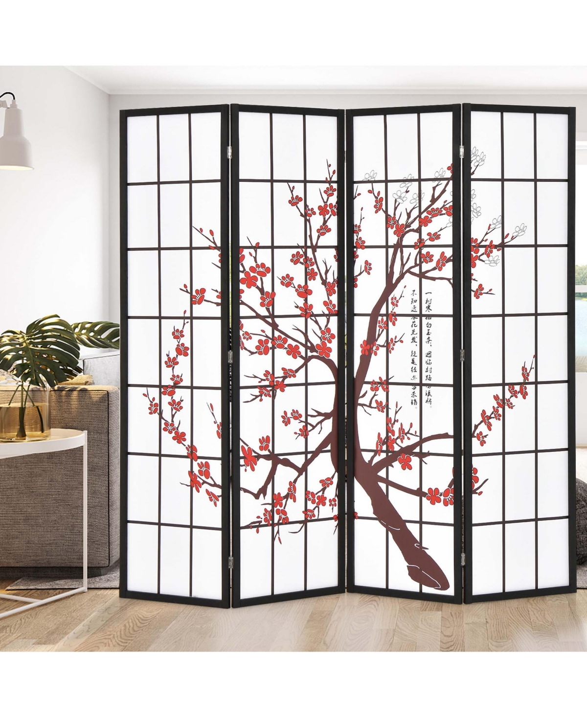 4-Panel Japanese Style Folding Room Divider with Elegant Plum Blossom Design Indoor