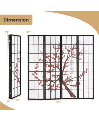 4-Panel Japanese Style Folding Room Divider with Elegant Plum Blossom Design Indoor