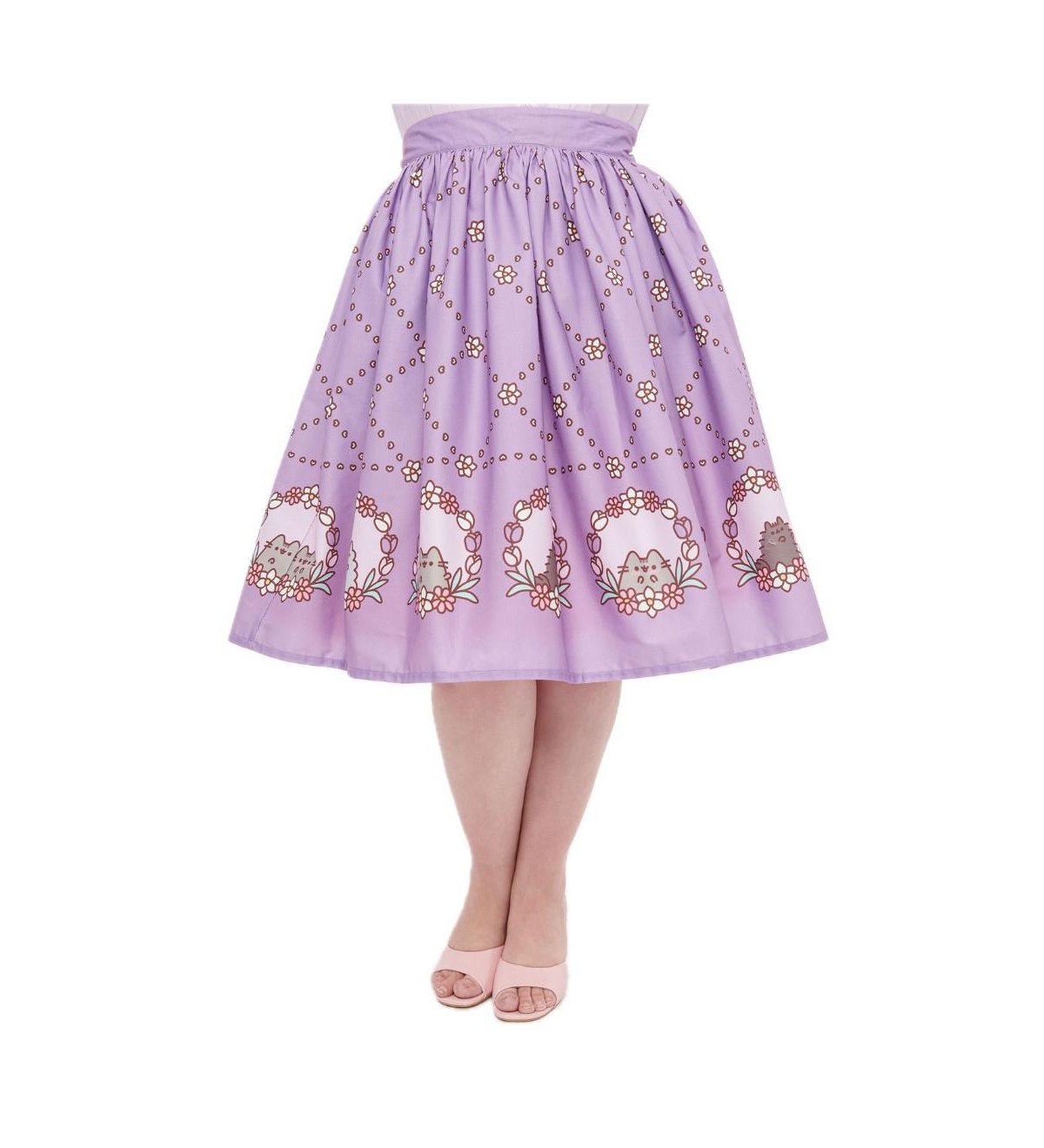 Plus Size Printed Woven Gellar Swing Skirt - Lavender pusheen floral frame print