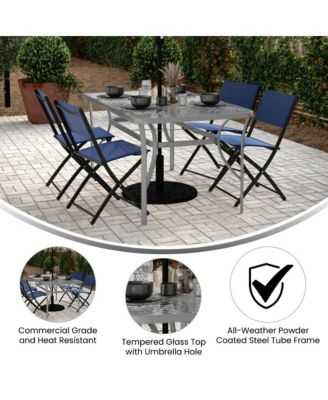 Tala Rectangular Tempered Glass Top Patio Table With Umbrella Hole And Black Steel Tube Frame