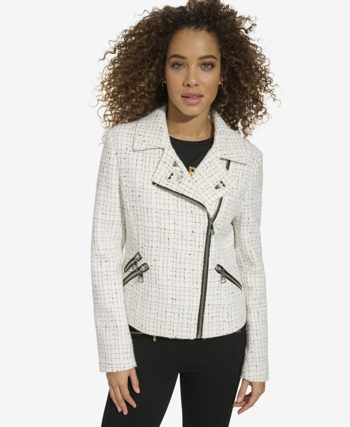 Karl Lagerfeld Women's Tweed Moto Jacket -white