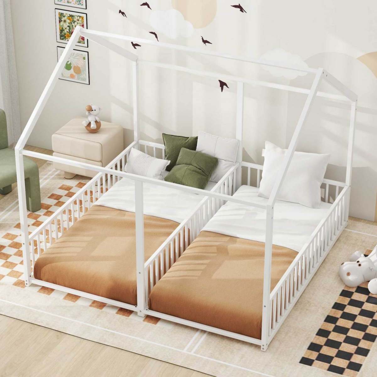 Simplie Fun Metal Twin House Platform Beds, Two Shared White