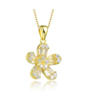Sterling Silver with Gold Plated Multi Color Baguette Cubic Zirconia Flower Style Pendant Necklace