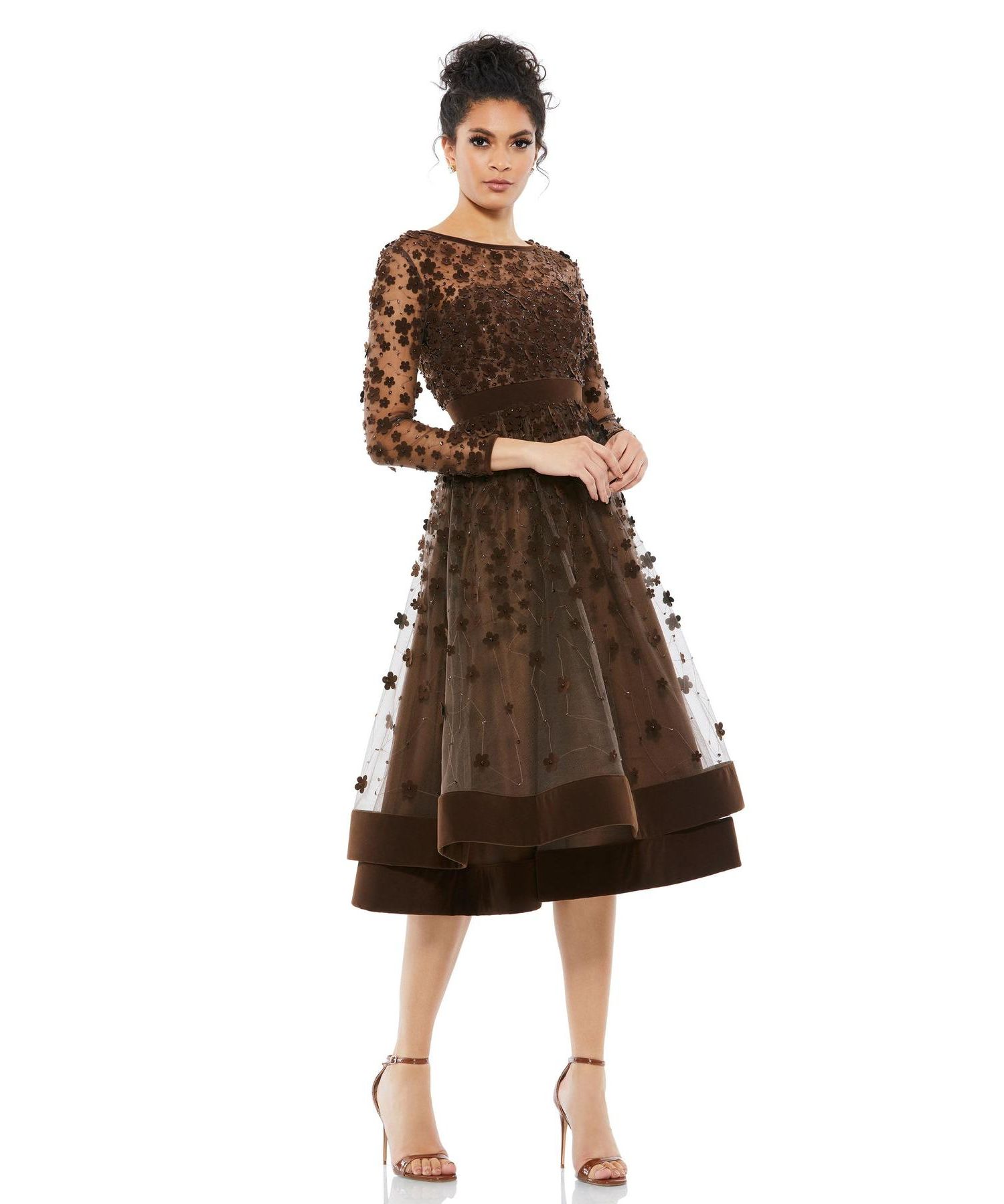 Women's Embellished Illusion High Neck Long Sleeve Fit and Flare