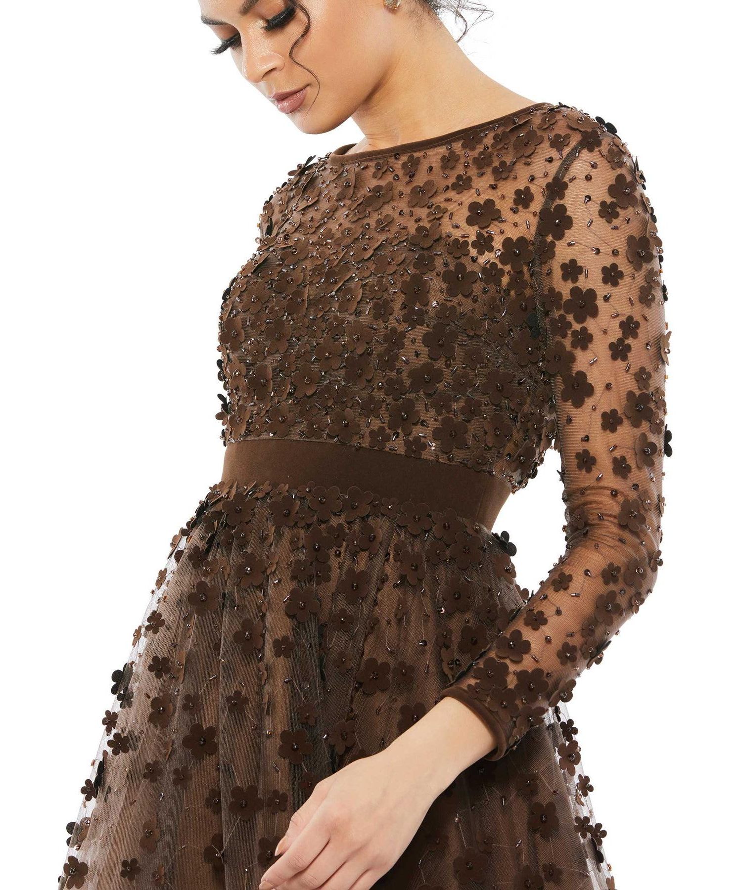 Women's Embellished Illusion High Neck Long Sleeve Fit and Flare