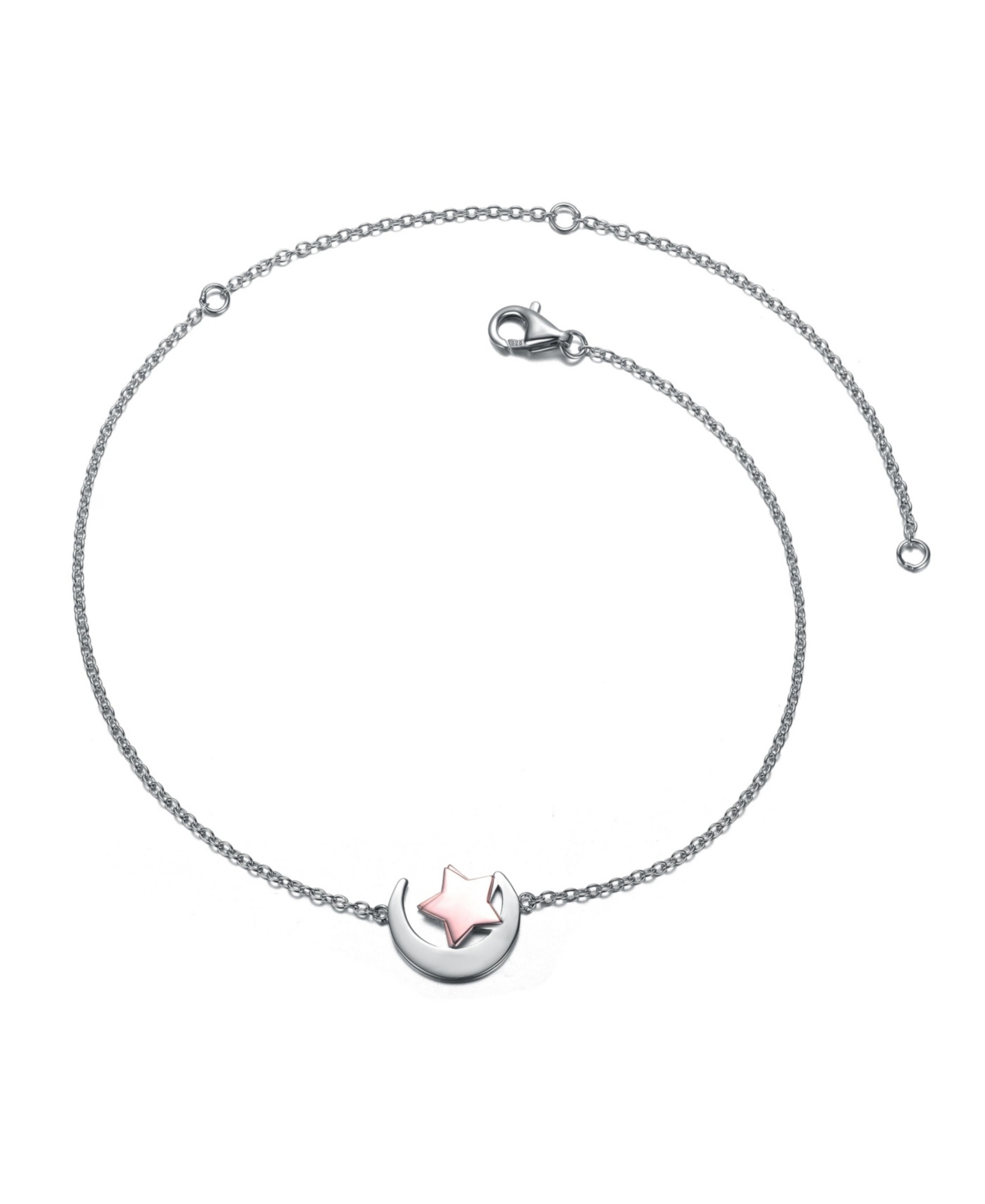 Sterling Silver 18k Rose Gold Plated Lucky Star & Crescent Moon Charm Anklet, Adjustable Length - Silver