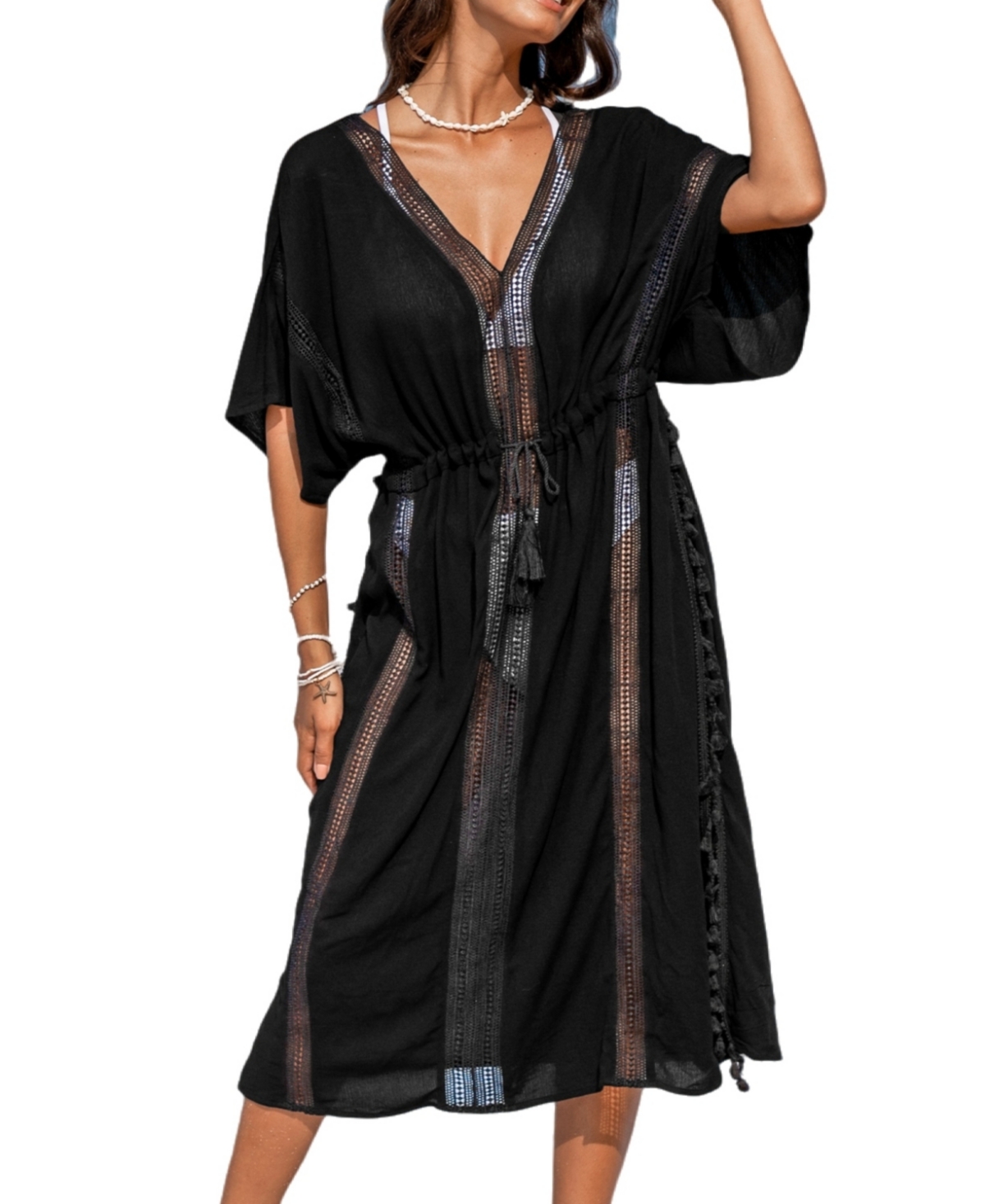 Women's Black Tassel Cover-Up Beach Dress - Black