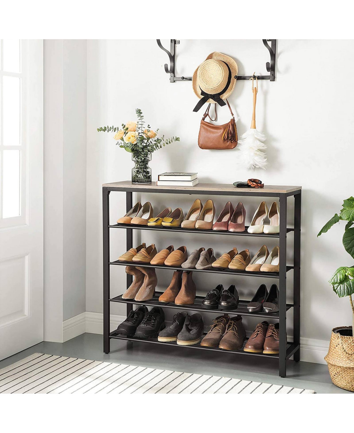 Slickblue Indestic Shoe Rack with 4 Mesh Shelves and Large Top for Bags