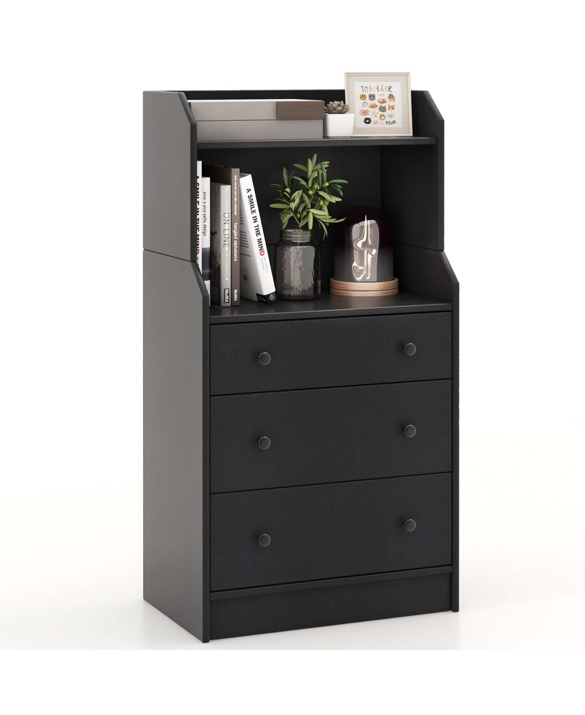 3-Drawer Dresser 44" Tall Wood Storage Organizer Chest with 2 Open Shelves - Black