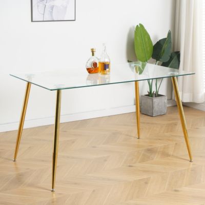 Modern 51" Glass Dining Table, Gold Metal Legs
