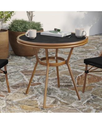 Mael Bistro Style Table With Tempered Glass Top, Textilene, And Bamboo Finished Metal Frame For Indoor/Outdoor Use