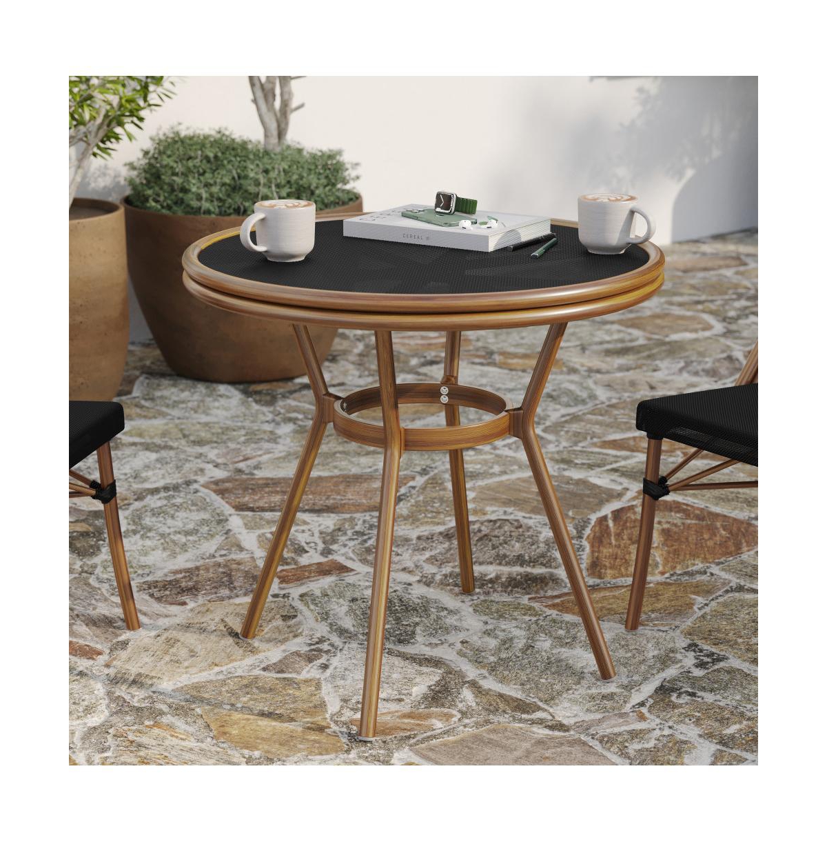 Merrick Lane Mael Bistro Style Table With Tempered Glass Top, Textilene, And Bamboo Finished Metal Frame For Indoor/Outdoor Use