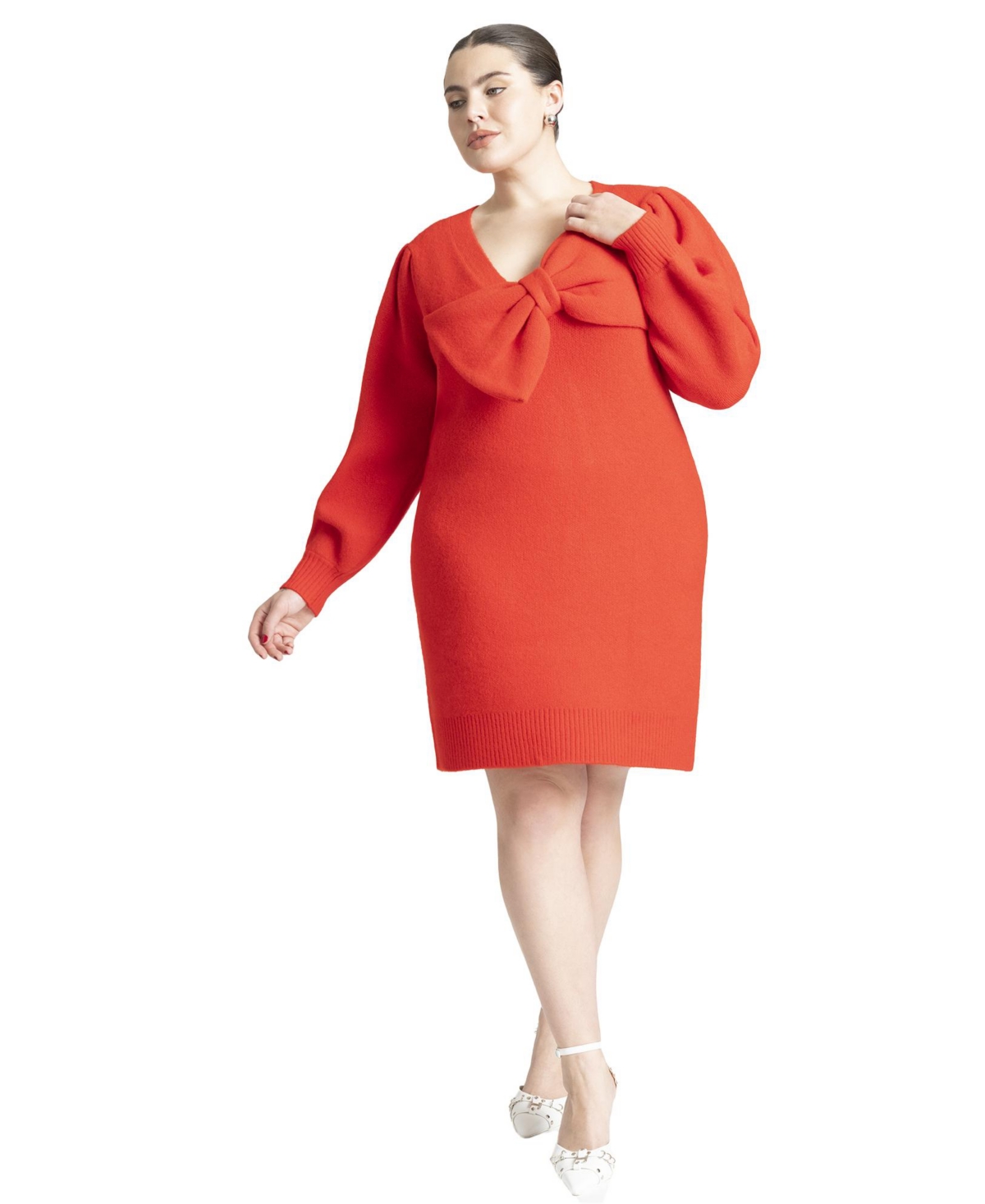 Women's Bow Sweater Mini Dress - Carmine red