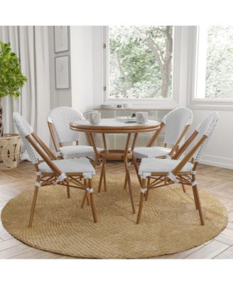 Celia Bistro Style Table With Glass Top, Pe Rattan, 2 Stack Chairs, And Bamboo Finished Metal Frame For Indoor/Outdoor Use