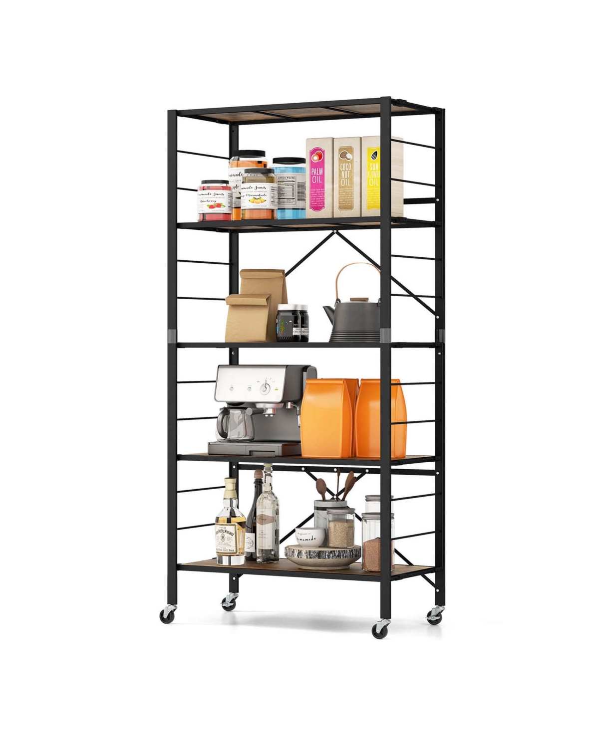 5-Tier Folding Shelf Free Diy Design Shelving Unit with 4 Universal Wheels Kitchen - Black