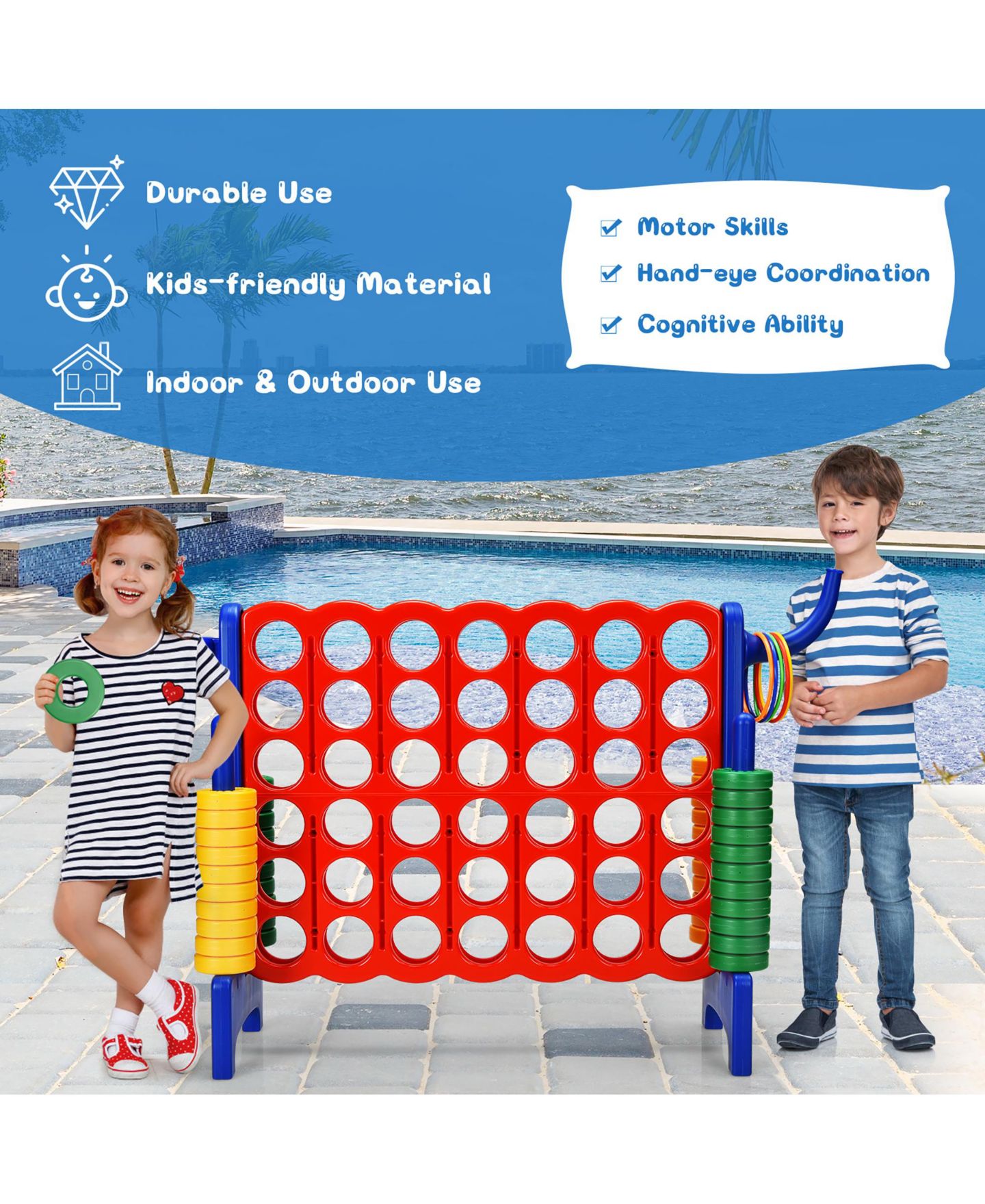 Детские игрушки Costway 2 Pcs Giant 4-IN-A-ROW Jumbo 4-to-Score Game Set W/Storage Carrying, цвет: Синий — фото 2