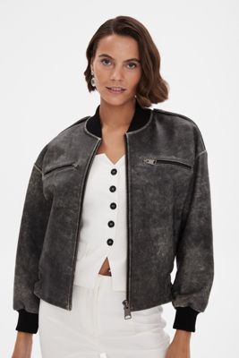 Women's Leather Bomber Jacket, Black