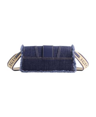 Frayed Denim Flap Bag with Logo Strap