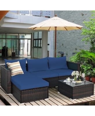 5PCS Cushioned Rattan Patio Conversation Set w/ Ottoman Navy Cushion