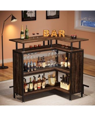 Home Bar Unit, L-Shaped Bar Table with Stemware Racks and 2-Tier Shelves, Corner Mini Coffee Liquor Cabinet with Footrest for Home/Kitchen/Pub, Rustic Brown