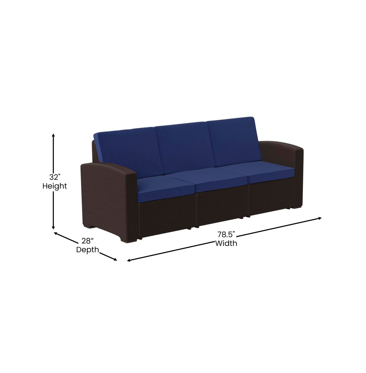 Merrick Lane Malmok Outdoor Furniture Resin Sofa Faux Rattan Wicker Pattern Patio 3-Seat Sofa With All-Weather Cushions -chocolate brow
