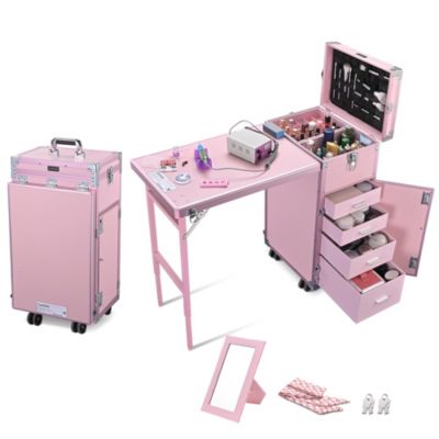 Aluminum Rolling Makeup Train Case with Table Salon Nail Trolley Cosmetic Organizer Black