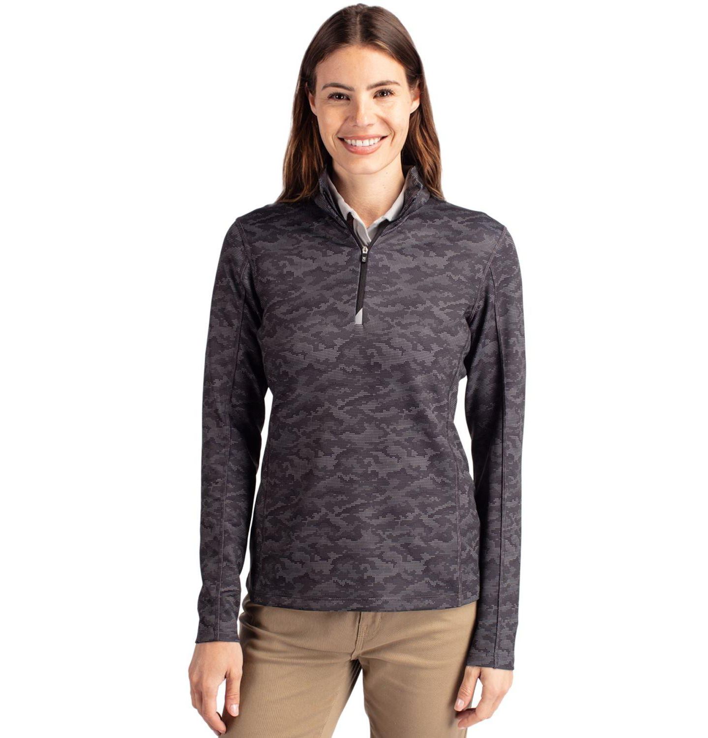 Женский свитер Cutter & Buck Traverse Stretch Eco Camo Print Quarter Zip Pullover, цвет: Чёрный — фото 1