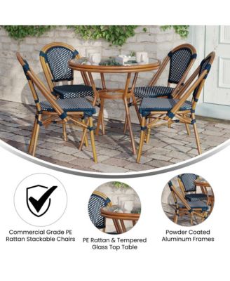 Sacha Bistro Style Table With Glass Top, Pe Rattan, 4 Stack Chairs, And Bamboo Finished Metal Frame For Indoor/Outdoor Use