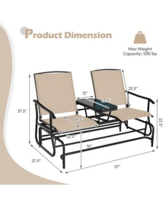 2-Person Double Rocking Loveseat with Mesh Fabric and Center Tempered Glass Table