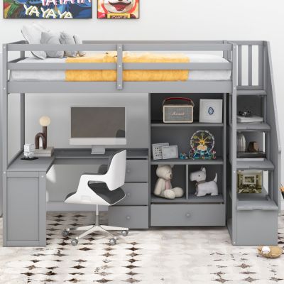Streamdale Twin Loft Bed with Desk, Storage, and Staircase in White