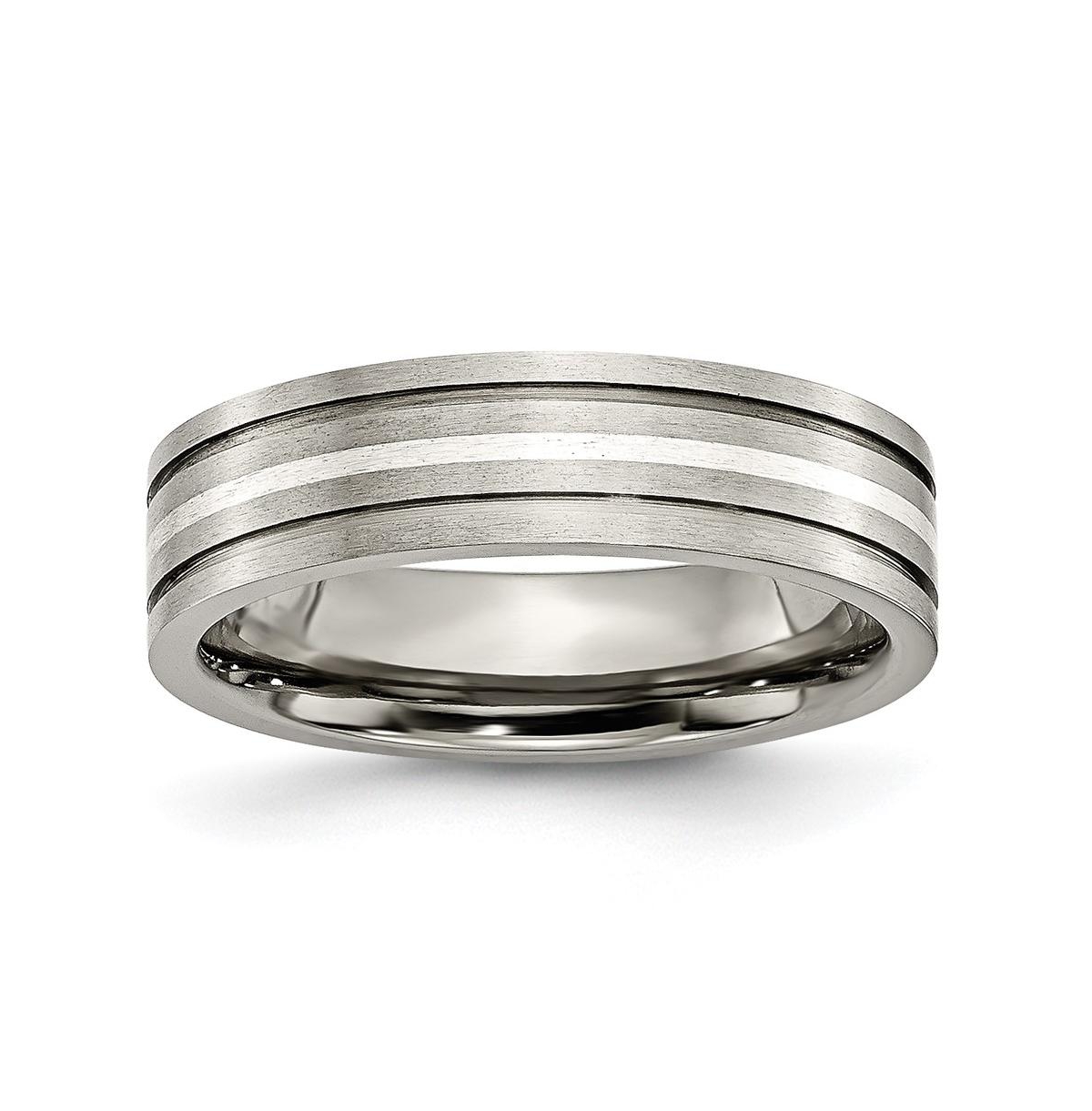 Titanium Brushed Sterling Silver Inlay Grooved Band Ring - Grey