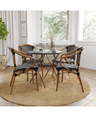 Sacha Set Of Four Stacking Thonet Bistro Style Chair With Arms, Pe Rattan Seat, And Bamboo Metal Frame For Indoor/Outdoor Use