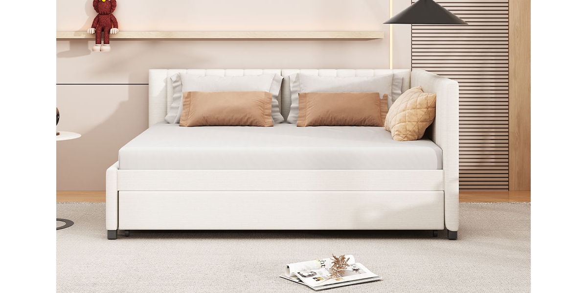 Streamdale Furniture Full Upholstered Daybed With Trundle Sofa Bed Frame No Box Spring Needed, Linen Fabric(Pink)