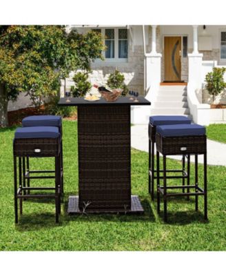 5 Pieces Patio Rattan Cushioned Bar Furniture Set with Hidden Storage Shelf