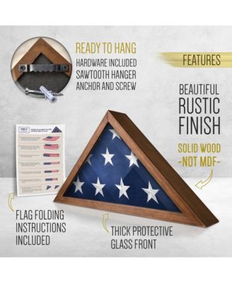 Rustic Flag Case - Solid Wood Military Flag Display Case For 9.5 X 5 American Veteran Burial Flag, Wall Mounted Burial Flag Frame